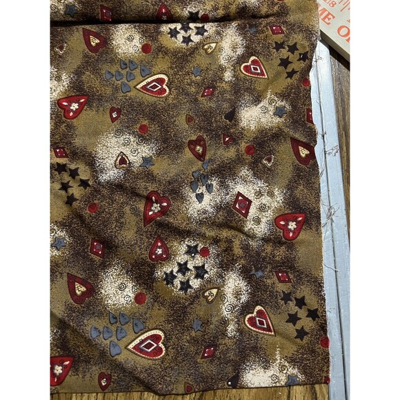 Rustic Folk Art Fabric - 40" X 18"  - Mossy Green With Stars And Hearts - Picture 2 of 7